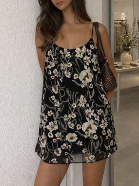 Aritzia Floral Embroidered Mini Dress Black Clean Feminine Effortless Medium